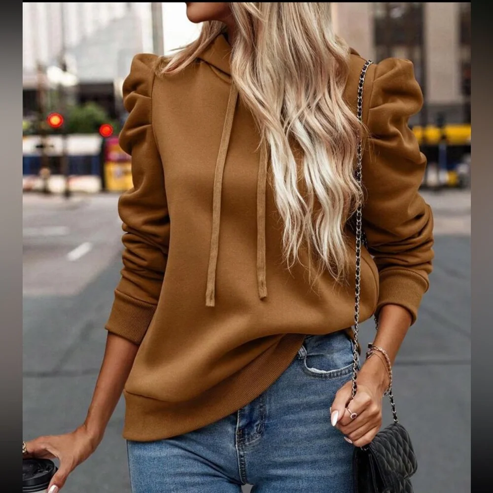 Cozy gigot sleeve drawstring hoodie apricot - Picture 9 of 16